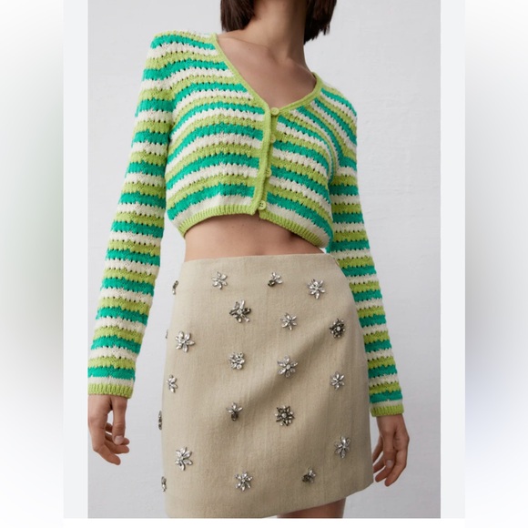 ZARA Knit Cardigan Green Yellow Stripe - Picture 3 of 7